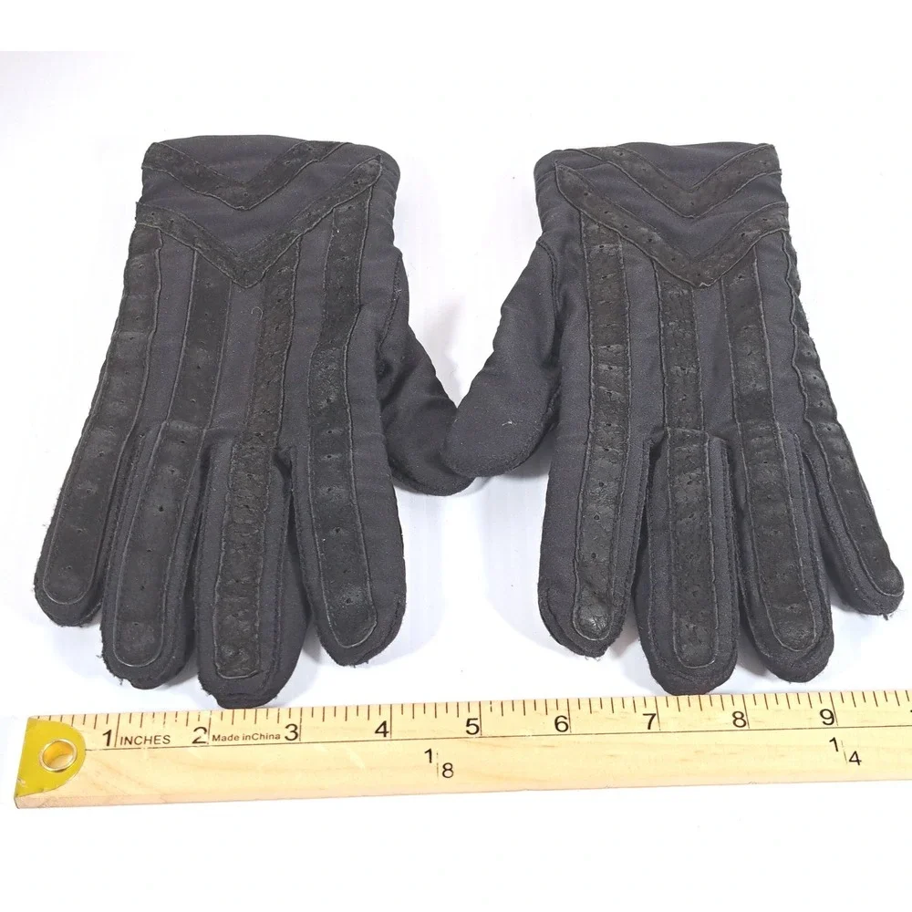 Vintage Black Winter Gloves Perforated Chevron Stripe Grip Warm Knit Lined Small